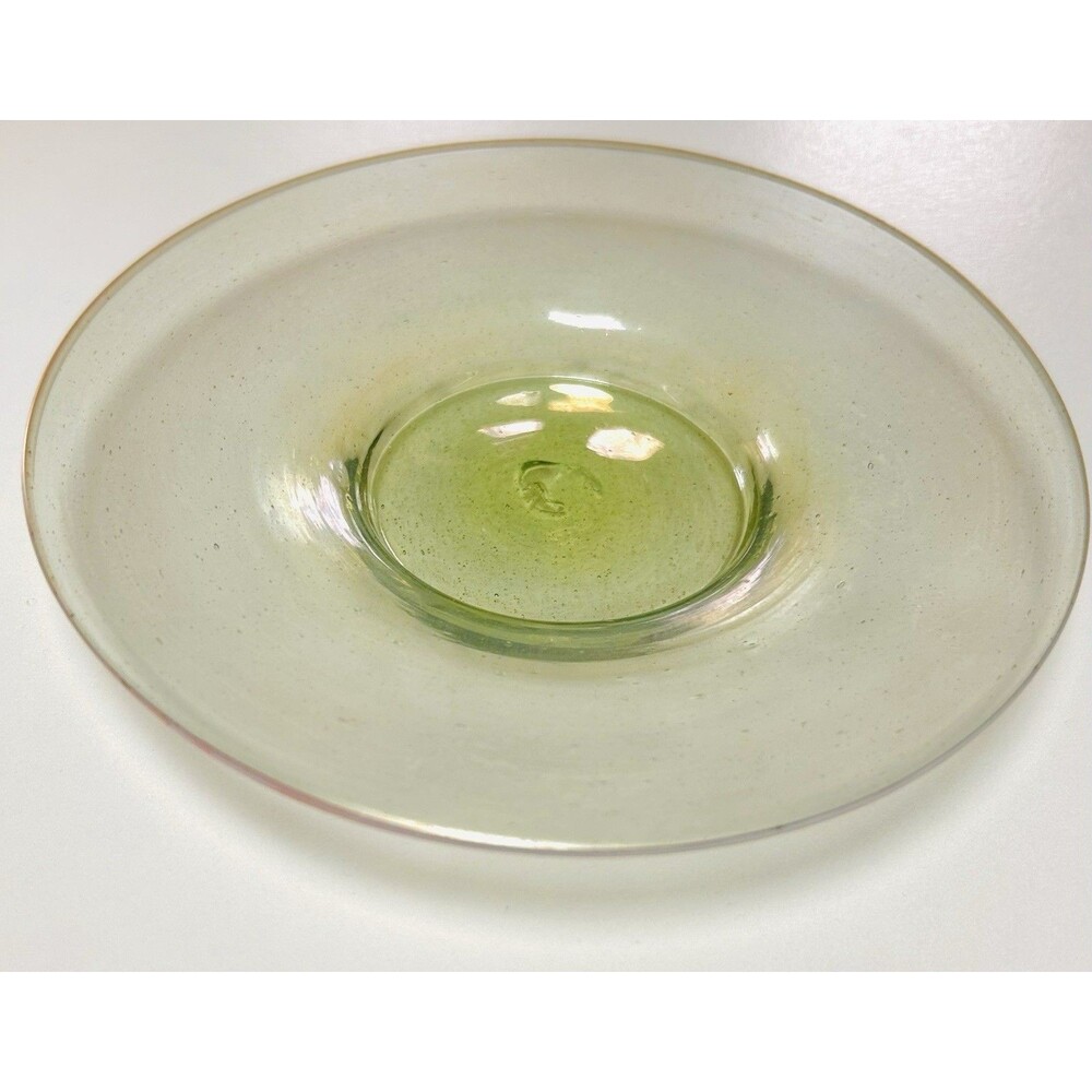 Hand Blown Green Recycled Glass Iridescent w/ Pink‎ Trim 6 1/4” Plate Set Of 2